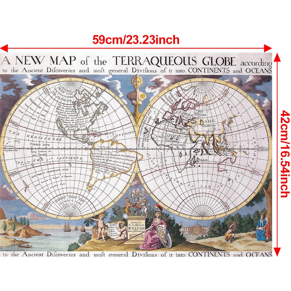 Vintage 1700 World Map Poster Retro Terraqueous Globe Canvas Print Antique Map Wall Art for Living Room Office Home Decor Unframed