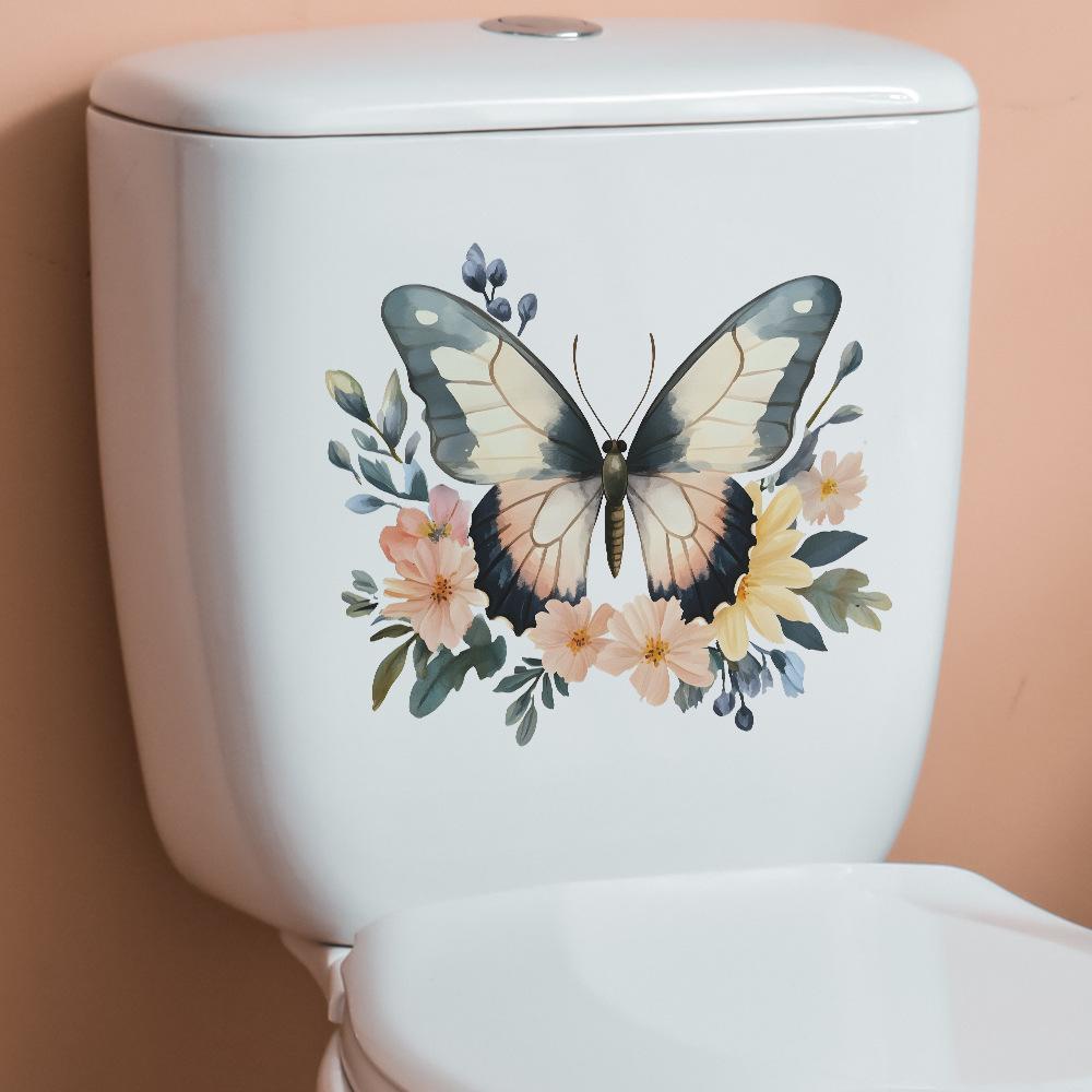 Painted Butterfly Flowers Bathroom Toilet and Toilet Stickers for Home Beautification