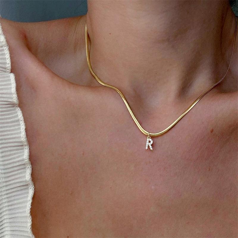 Summer 26-Letter Flat Snake Bone Collarbone Chain, Snake Bone Letter Necklace, Diamond-Encrusted Letter Snake Bone Chain