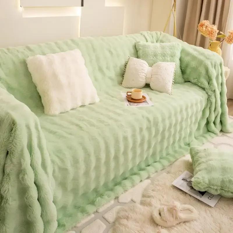 Rabbit Plush Large Sofa Anti Slip Cover Cloth Thick Winter All Inclusive Sofa Cushion Anti Cat Scratch Universal Cover Blanket