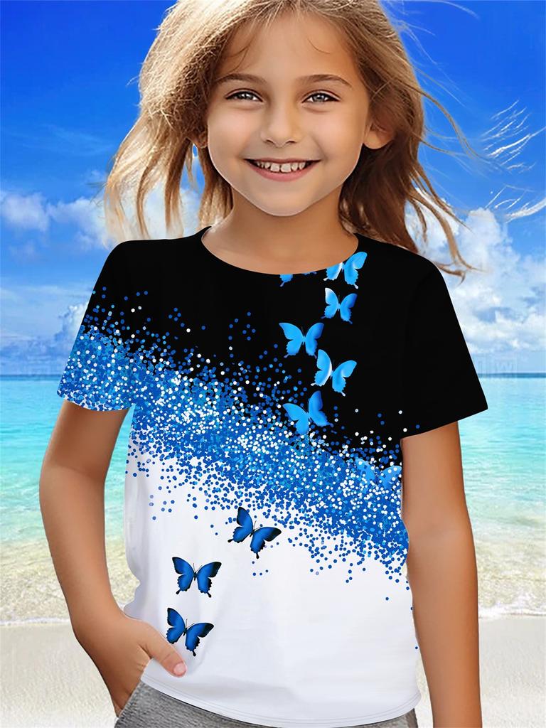 Children's Clothing Girl Clothes Short Sleeve Girl T-Shirt Prety Butterfly Print Kawaii Round Neck Girl Top Kids Summer Clothes