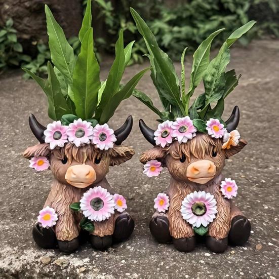 Highland Cow Vase Cute Cow And Flower Resin Vase Decorative Planter Without Drain Hole for Plants Flowers Home Outdoor Indoor Decor
