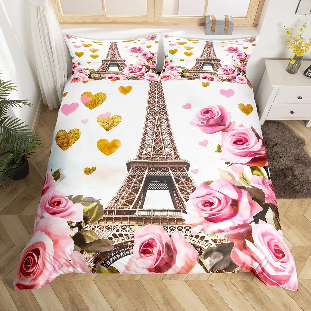 Vintage Eiffelturm Doppel-King Bettbezug, Romantisches Paris Blumen Bettwäsche-Set für Kinder Erwachsene, Französischer Stil Blumen Bettdeckenbezug