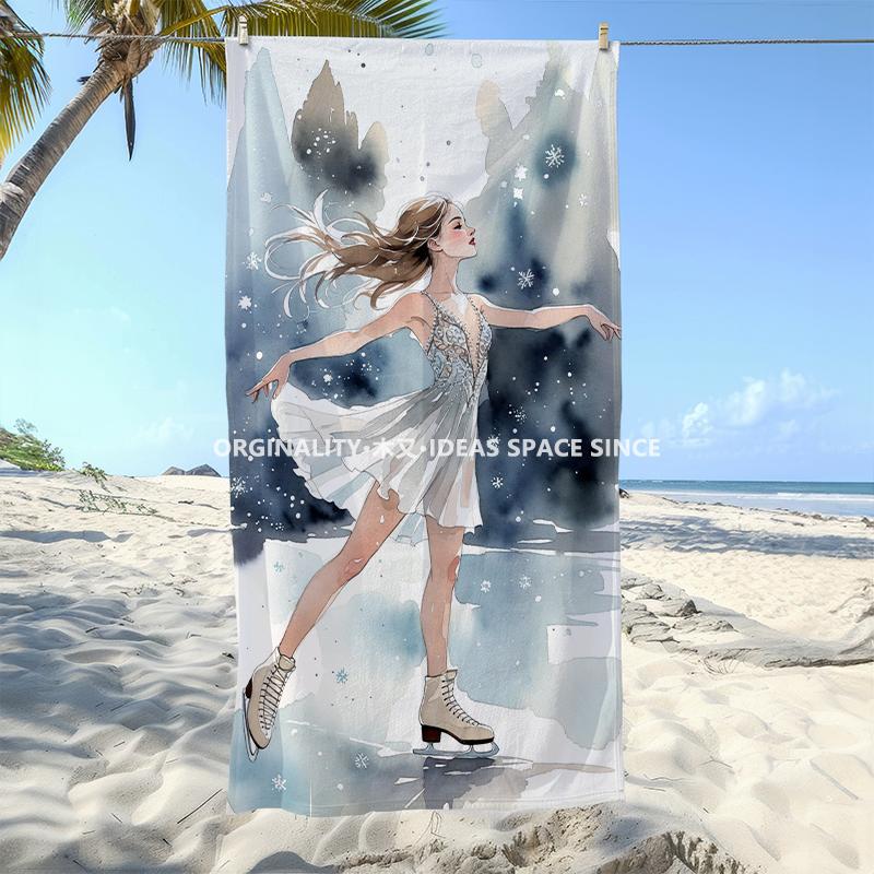 Watercolor Figure Skating Beach Towel Patterned Sunscreen And Windproof Suitable For Swimming Pool Camping Travel
