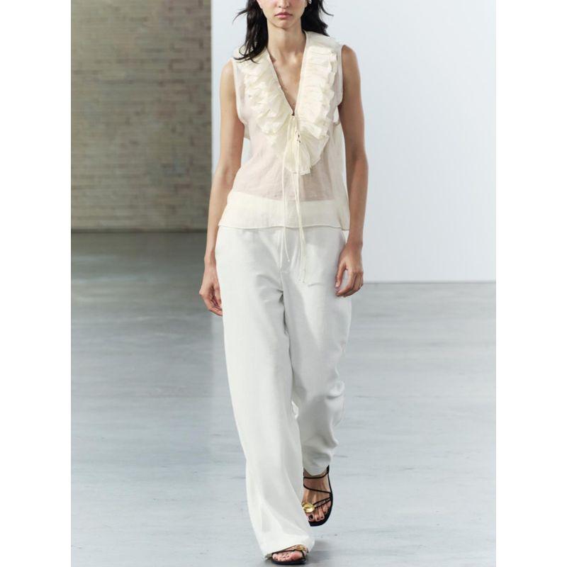 Za2024 Summer New Product Women's Clothes V Neck Sleeveless Shoelace Laminated Decoration Ruffle Top 3324505 712