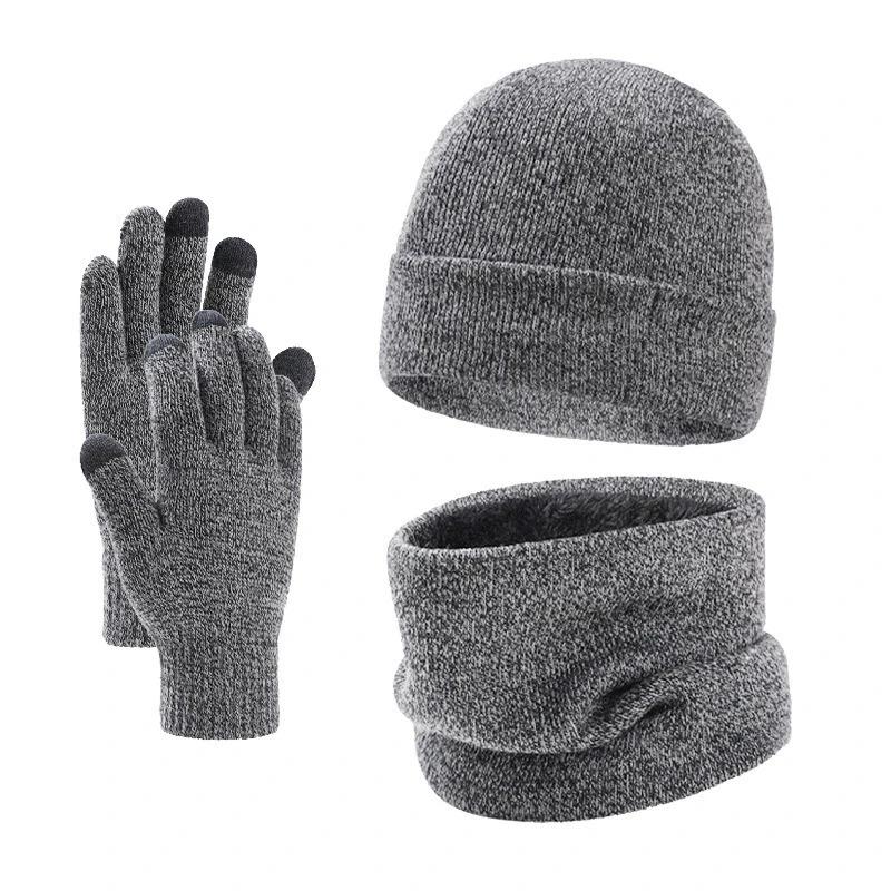 Autumn Winter Outdoor Warm Brushed Men's Beanie Hat Scarf Gloves 3 Pieces Collection Windproof Knit Ring Muffler Hats and Caps for Men