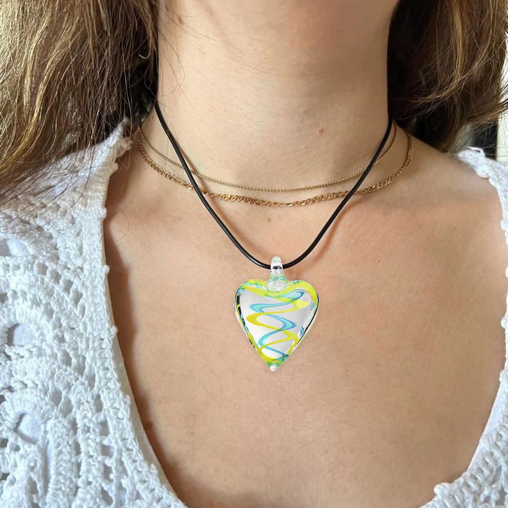 Stylish Glass Heart Necklace Women Girls Handmade Black Rope 3D Heart Pendant Necklace Valentine Birthday Choker Chain