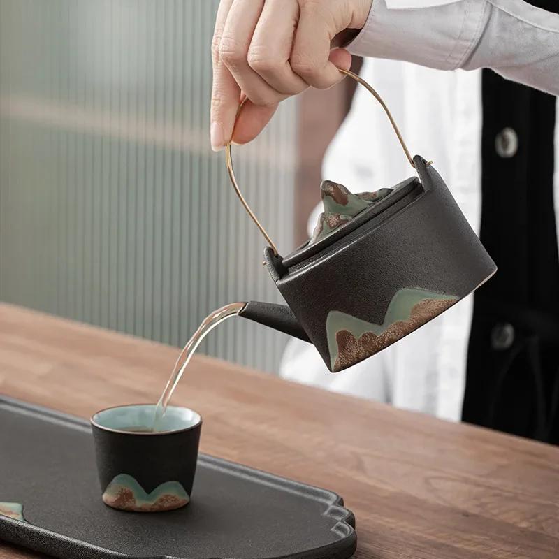 Japanese-Style Glaze Painting Color Hand-Painted Mountain Shadow Loop-Handled Teapot Kung Fu Tea Set Tea pot Small Single Pot