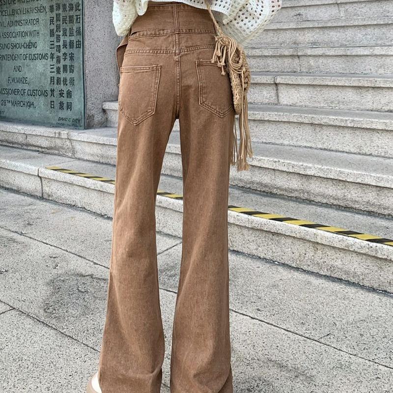 Módní džíny pro ženy Vintage Streetwear Vysoký pas Široké nohavice Kalhoty s páskem Stylové College Volné Ležérní kalhoty