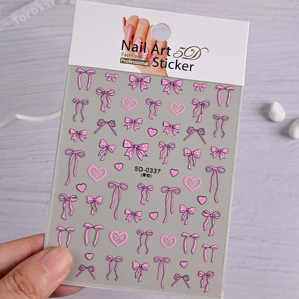 1PC 5D Embossed White Lace Bow Nail Art Stickers Cute Pink White Ribbon Bow Tie Nail Sliders Kawaii Bow Manicure Accessories TY9
