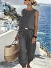 Women's Fashionable Casual Linen -Neck Top And Wide-Leg Pants Two-Piece Set