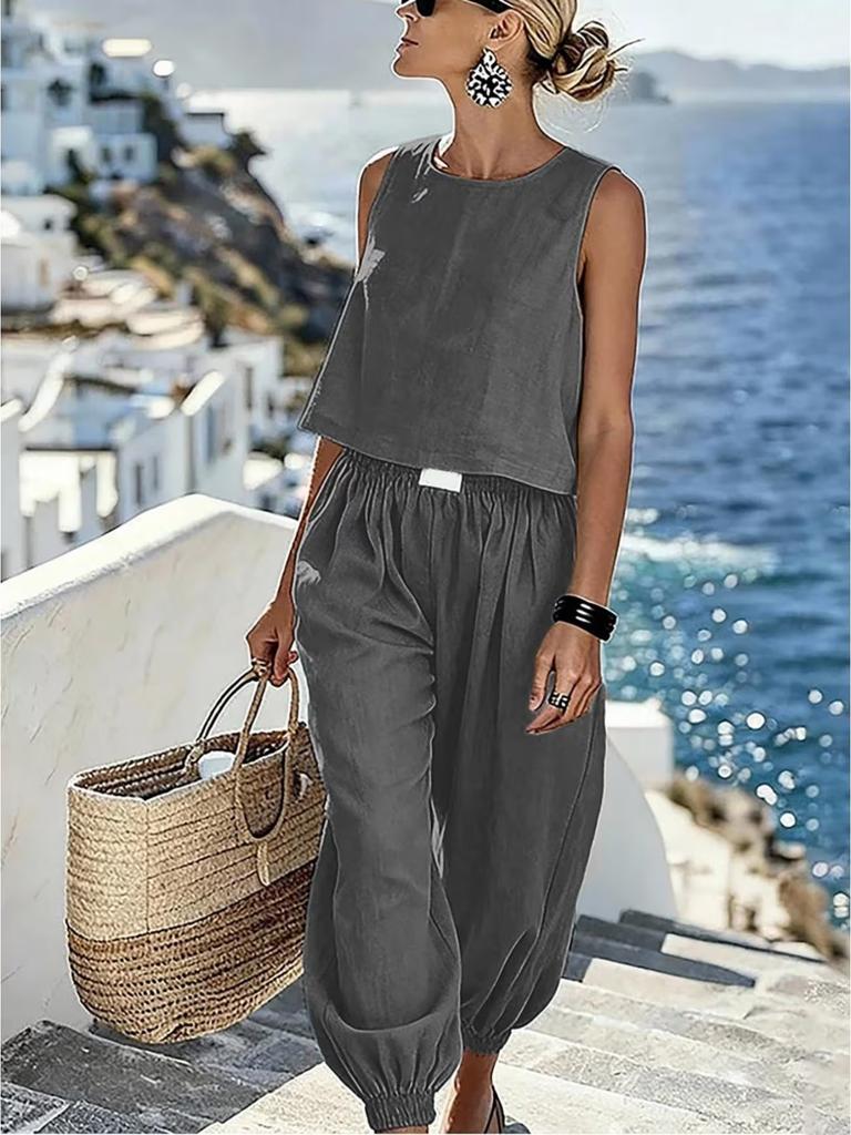 Women's Fashionable Casual Linen -Neck Top And Wide-Leg Pants Two-Piece Set