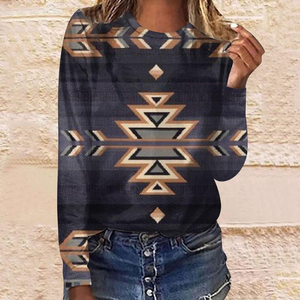 Women's Casual Fashion Ethnic Print Long Sleeve O-Neck Pullover Top