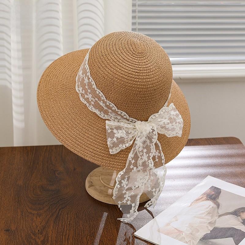 French Lace Ribbon Sun Hat With Wide Brim For Summer Beach Vacation Girls