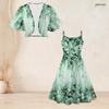 Women Plus Size Green Printed Two Piece Set Batwing Sleeve Shrug Strappy Flared Dress