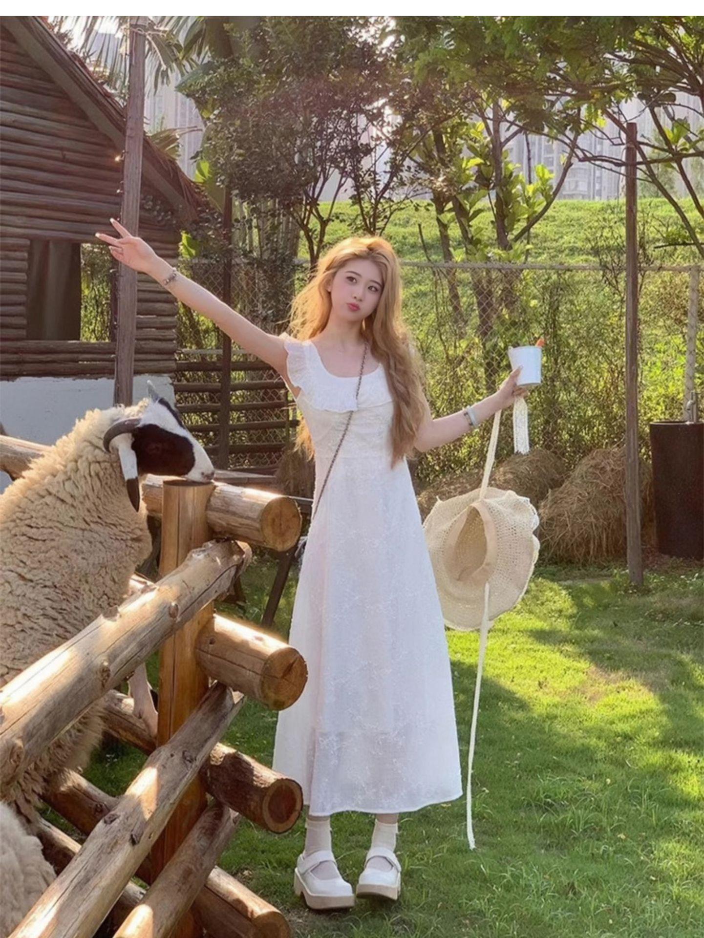 White moonlight long dress French ruffle edge suspender dress summer new light luxury waist and thin temperament skirt S