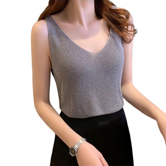 Mujer Sexy Color Sólido Brillante Camisetas sin Mangas Tejido Punto Cuello en V Verano Ajustado Chaleco