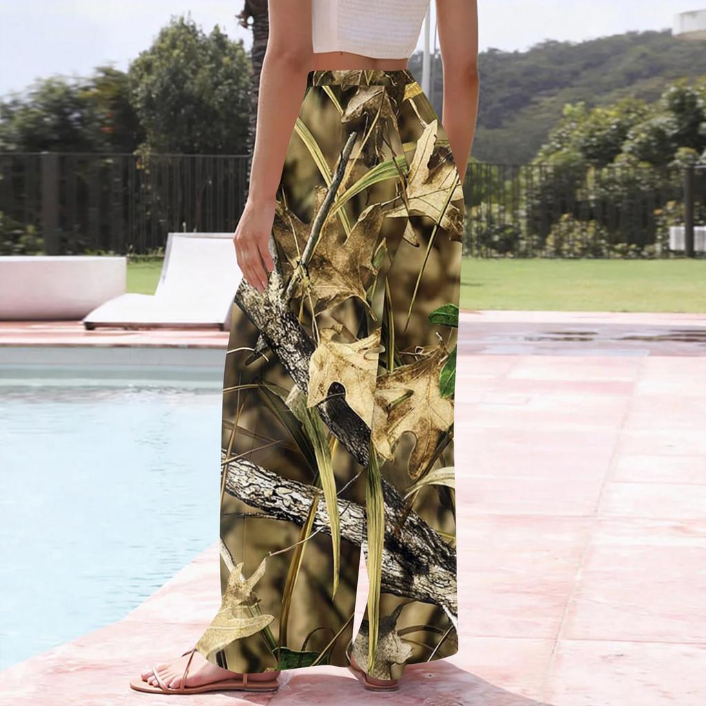 Women’s Wide Leg Drawstring Waist Pants Loose Fit Camouflage Print High Waist Casual Trousers with Pockets for Daily Wear