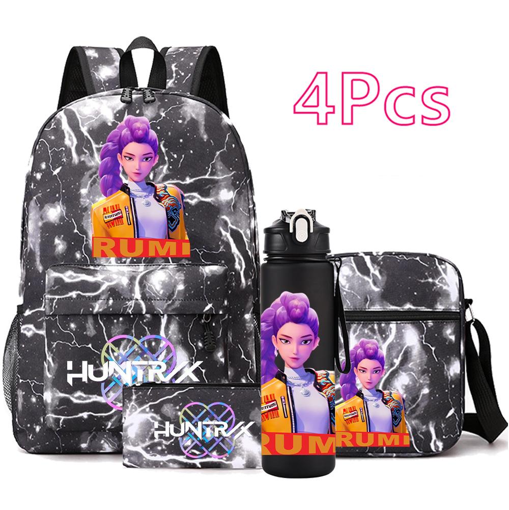 4Pcs/set Anime Demon Hunters Printed Backpack Bookbag Shoulder Bag Case Bag with 750Ml Water Bottler for Boy Girl Large Capacity Schoolbag