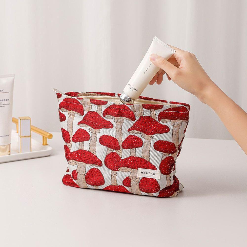 Vintage Canvas Make-up Tasche Roter Pilz Druck M/L Größe Aufbewahrungstasche Waschbar Tragbar Handtasche Hautpflegeprodukte Aufbewahrung