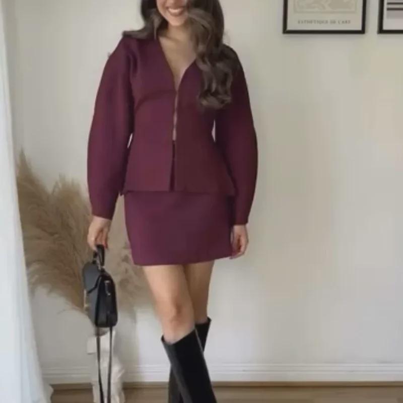 Early Autumn V-Neck Slim Cardigan & Hip Skirt Set for Women