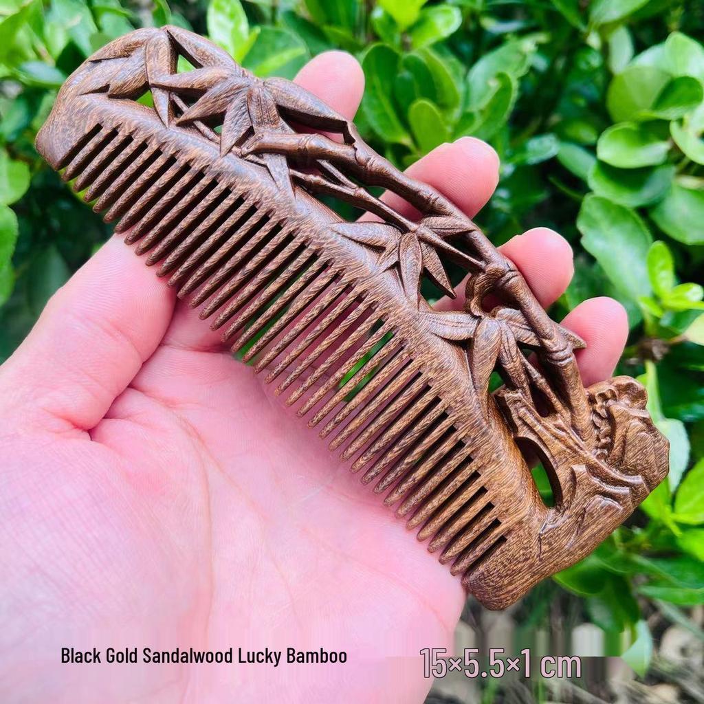 Engraved Green Sandalwood Comb - Black Gold Carved Design, Gift Box Included