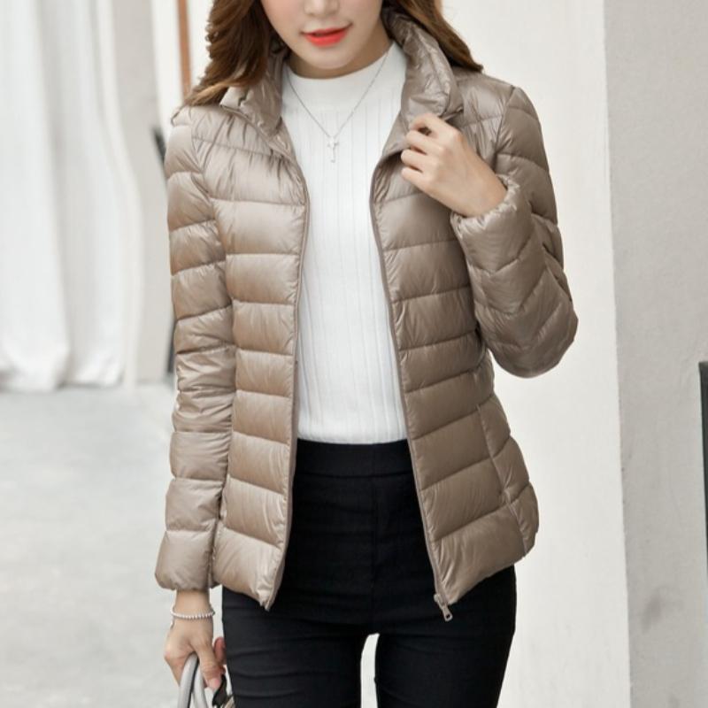 Women's Minimalist Solid-Color Down Jacket with Stand Collar Lightweight Style Plus Size Available