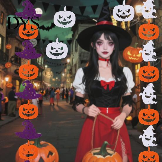 Halloween Theme Decor Party Felt Hanging Garland, Creepy Pumpkin Ghost Skull Witch Hat Indoor Outdoor Festive Banners Streamer, Horror Banner Backdrop