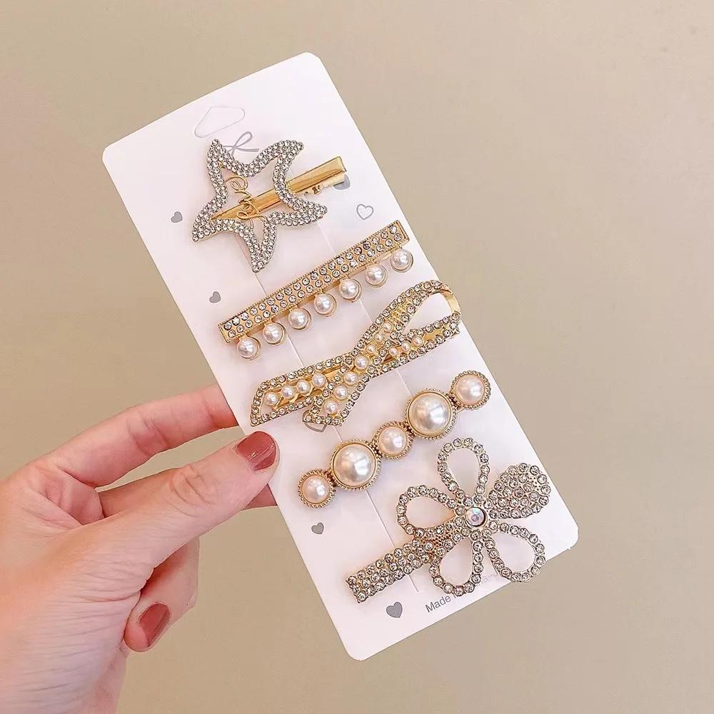 4pcs Sweet Colorful Rhinestone Pearl Hairpin Shinning Flower Heart Hair Clips Girls Side Barrettes Cute Pins Accessories