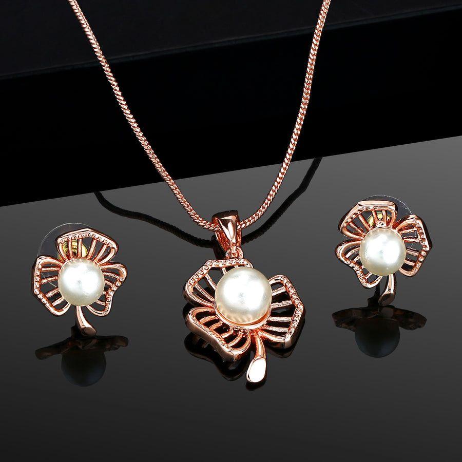 Estele Flower and Pearl Pendant Set In 24K Rose Gold for Women/Girls