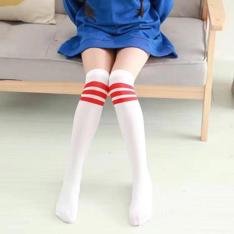 JK Woman Cosplay Stockings White Red Blue Strips Lolita Long Socks Over Knee Thigh High Socks Women Compression Socks
