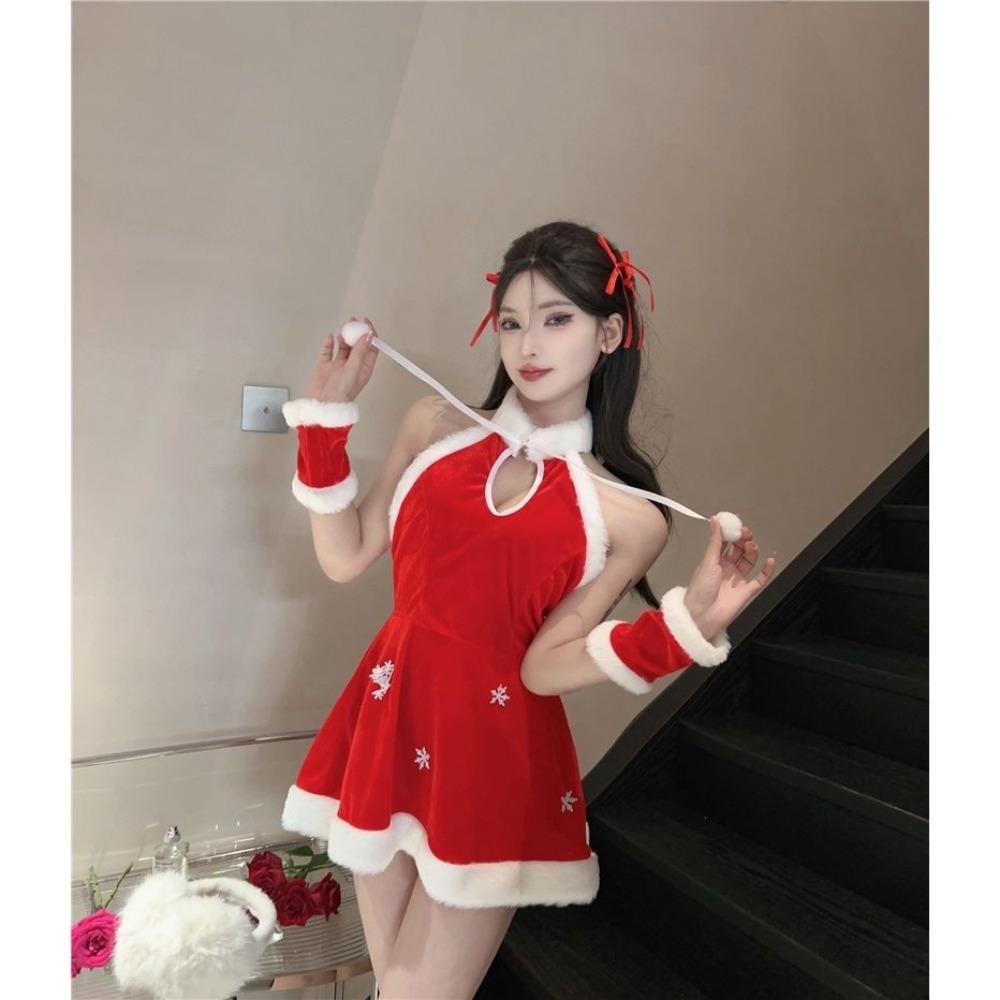 New Style for Spring Autumn and Winter Sexy and Cute New Year Red Plush Halter Neck Backless Slim and Slim Petite Christmas Dress