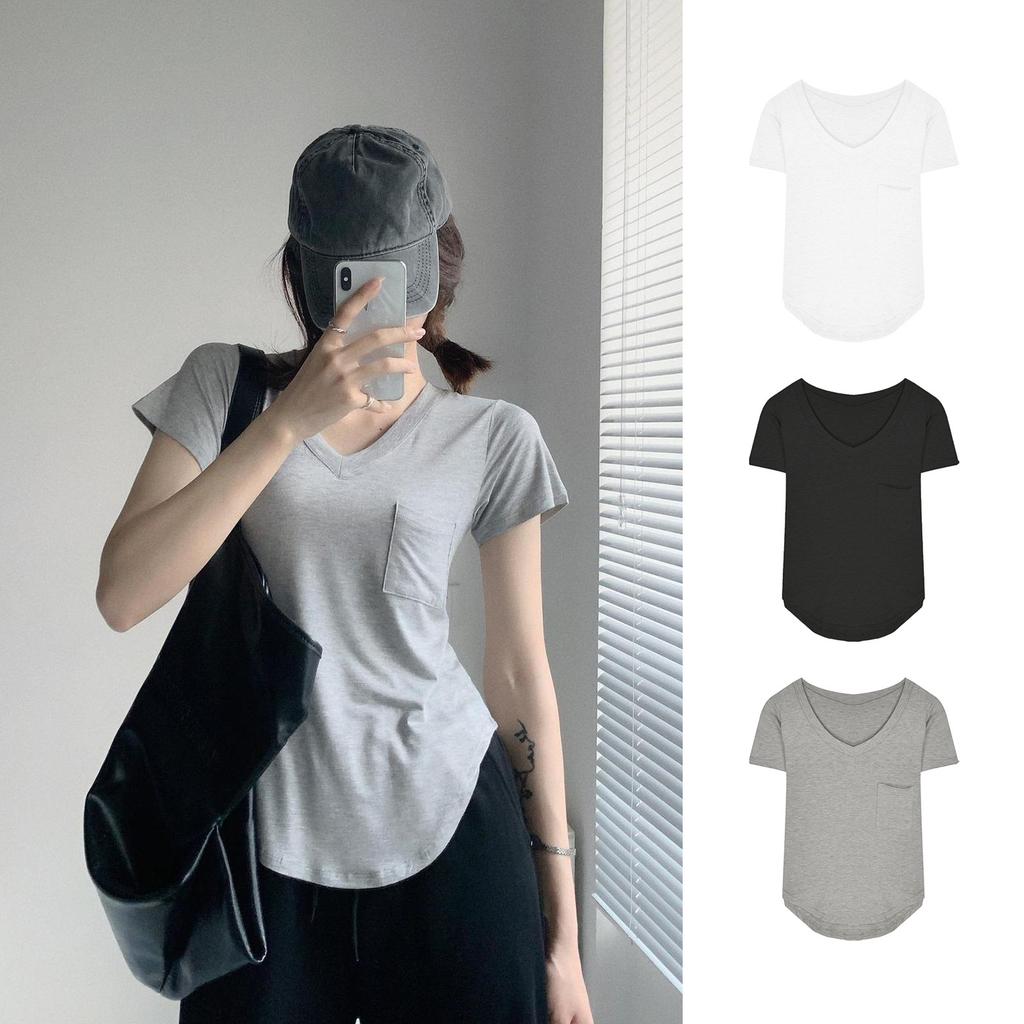 Pure Desire Wind Short-sleeved V-neck T-shirt Women's Summer New Loose and Careful Machine Pocket Top