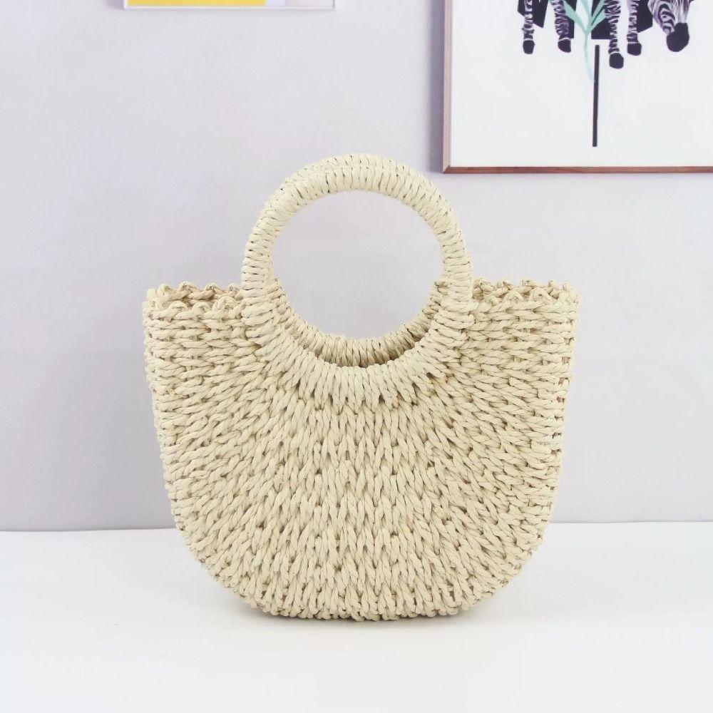 Large Capacity Straw Woven Handbag Half-Moon Shape Simple Shopping Bag Female