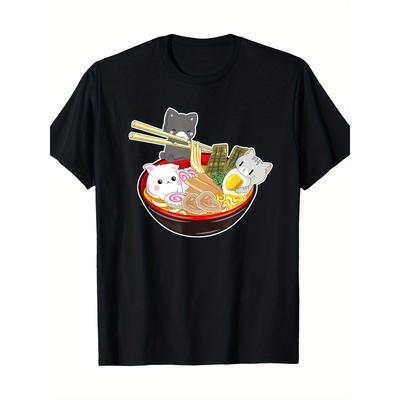 Cute Cat Ramen Bowl Graphic Tee for Men Short Sleeve Casual T-Shirt