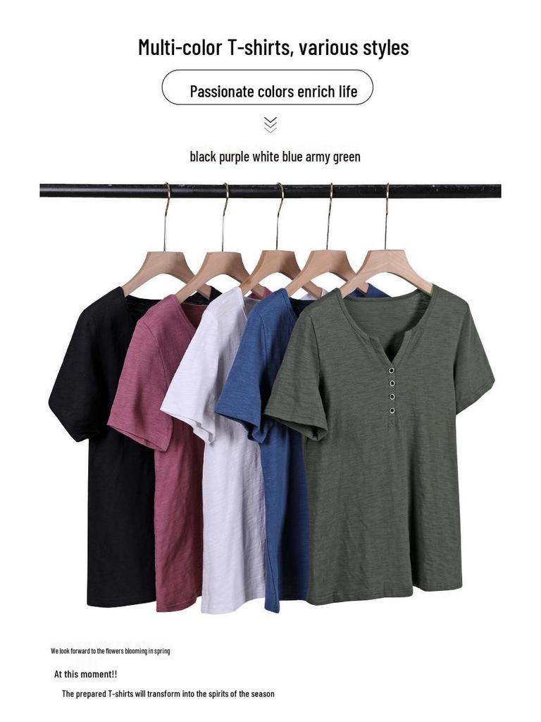 Women's 2024 Summer Plus-Size Retro V-Neck Short-Sleeve T-Shirt - Solid Color, Simple, Versatile, and Trendy.