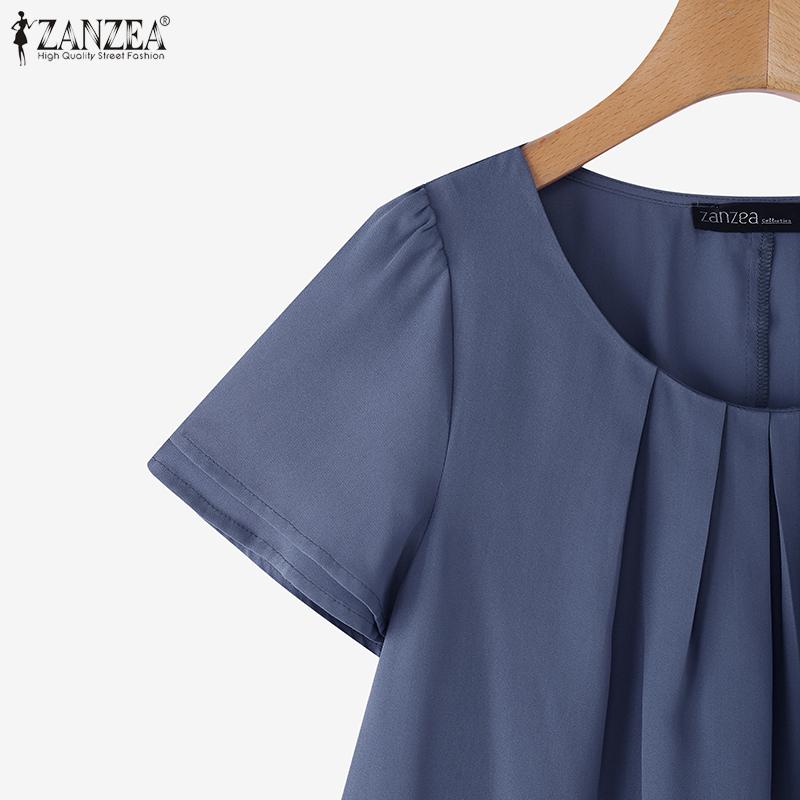 ZANZEA Women Casual Round Neck Solid Color Summer Short Sleeve Blouse