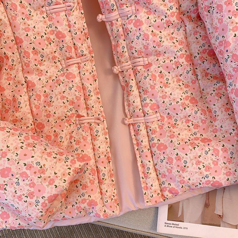 Medium floral padded jacket Winter Chinese retro disc-buckled padded jacket Thickened Tang padded jacket Women's light cheongsam jacket