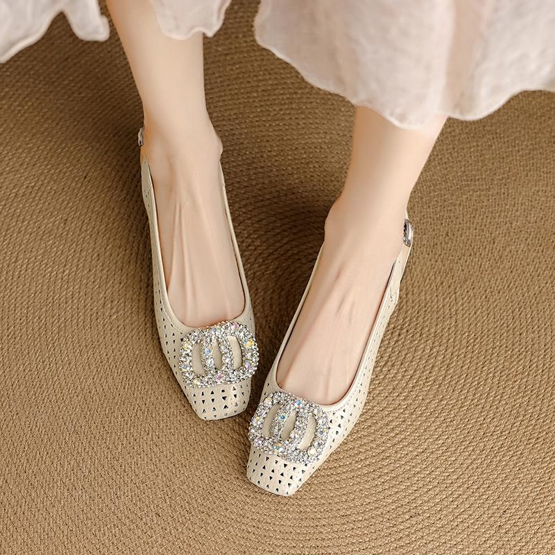 Fashion Women's new summer breathable hole leather cowhide rhinestone accessories with loose grip high heels and toe caps sandals