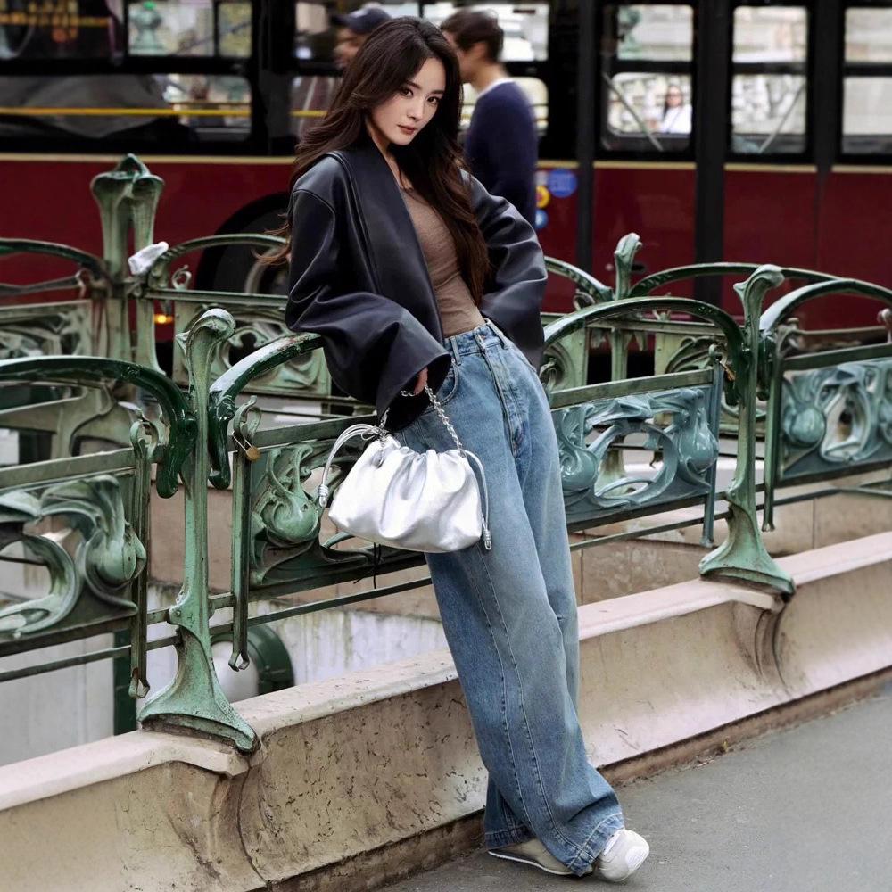 Yang Mi Women's Blue Retro High-Waisted Wide-Leg Jeans