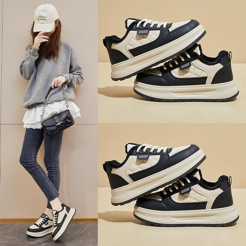 Winter Chunky Platform Sneakers for Women Warm Non-Slip Lace-Up Walking Shoes With Faux Fur Lining Women's Comfortable Fleece Lined Tennis Sneakers