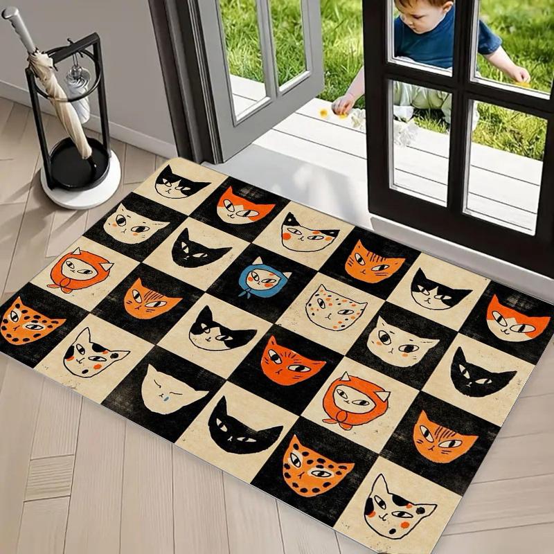 Cute Cartoon Cat Face Print Non-Slip Door Mat Washable Absorbent Entryway Rug for Home Kitchen Bathroom Decor