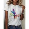 European Size White T-Shirt Featuring a Butterfly Print in Watercolor Style,Designed for Women As Casual Sportswear,a Summer Top with a Round Neckline