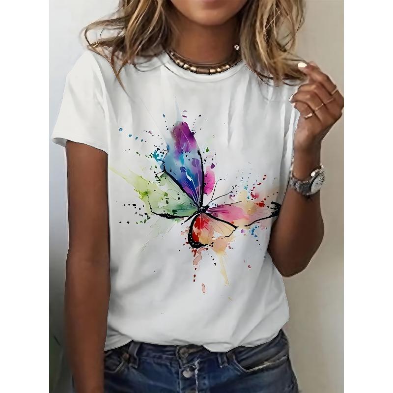 European Size White T-Shirt Featuring a Butterfly Print in Watercolor Style,Designed for Women As Casual Sportswear,a Summer Top with a Round Neckline