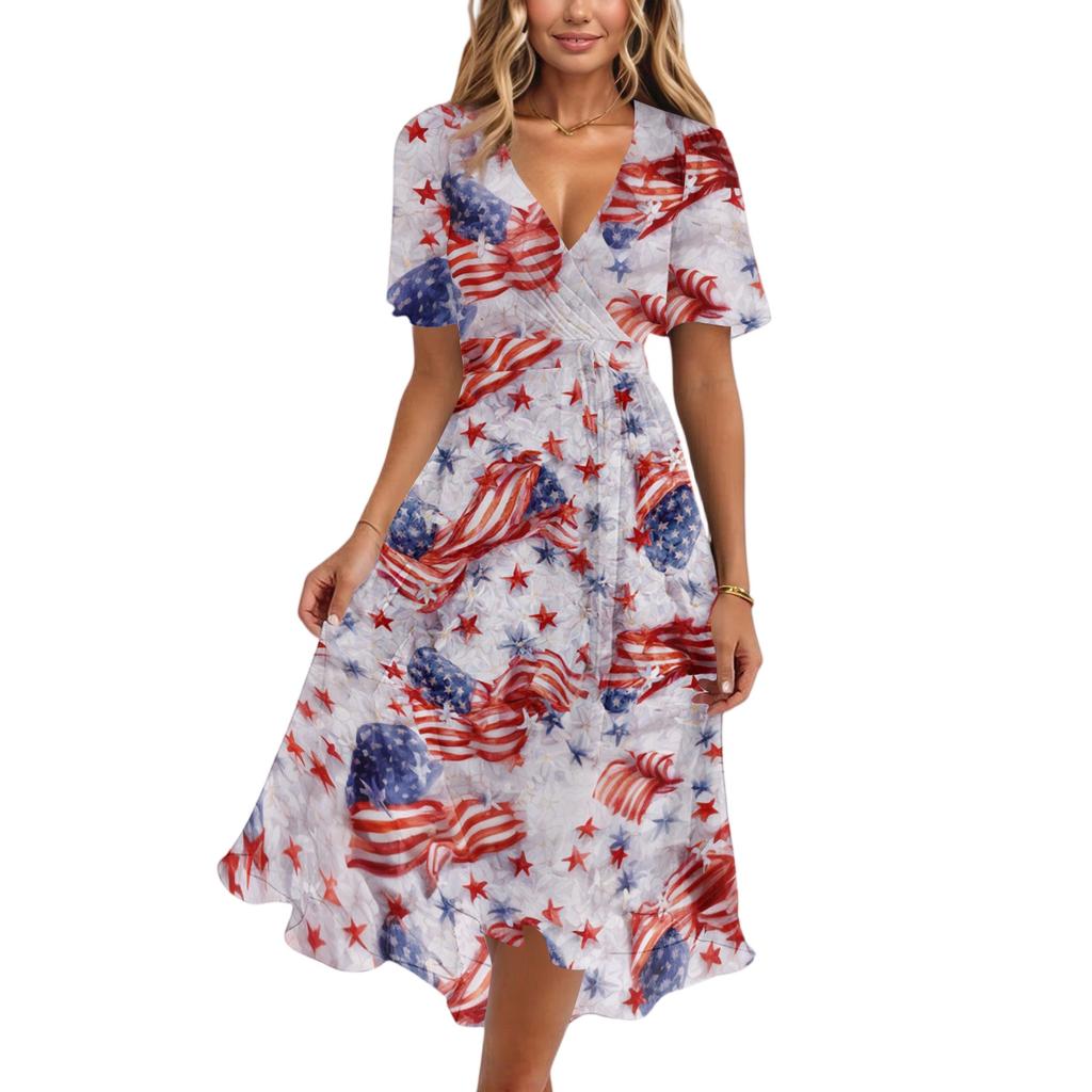 Women's Casual V-Neck Short-Sleeve Independence Day Print Dress