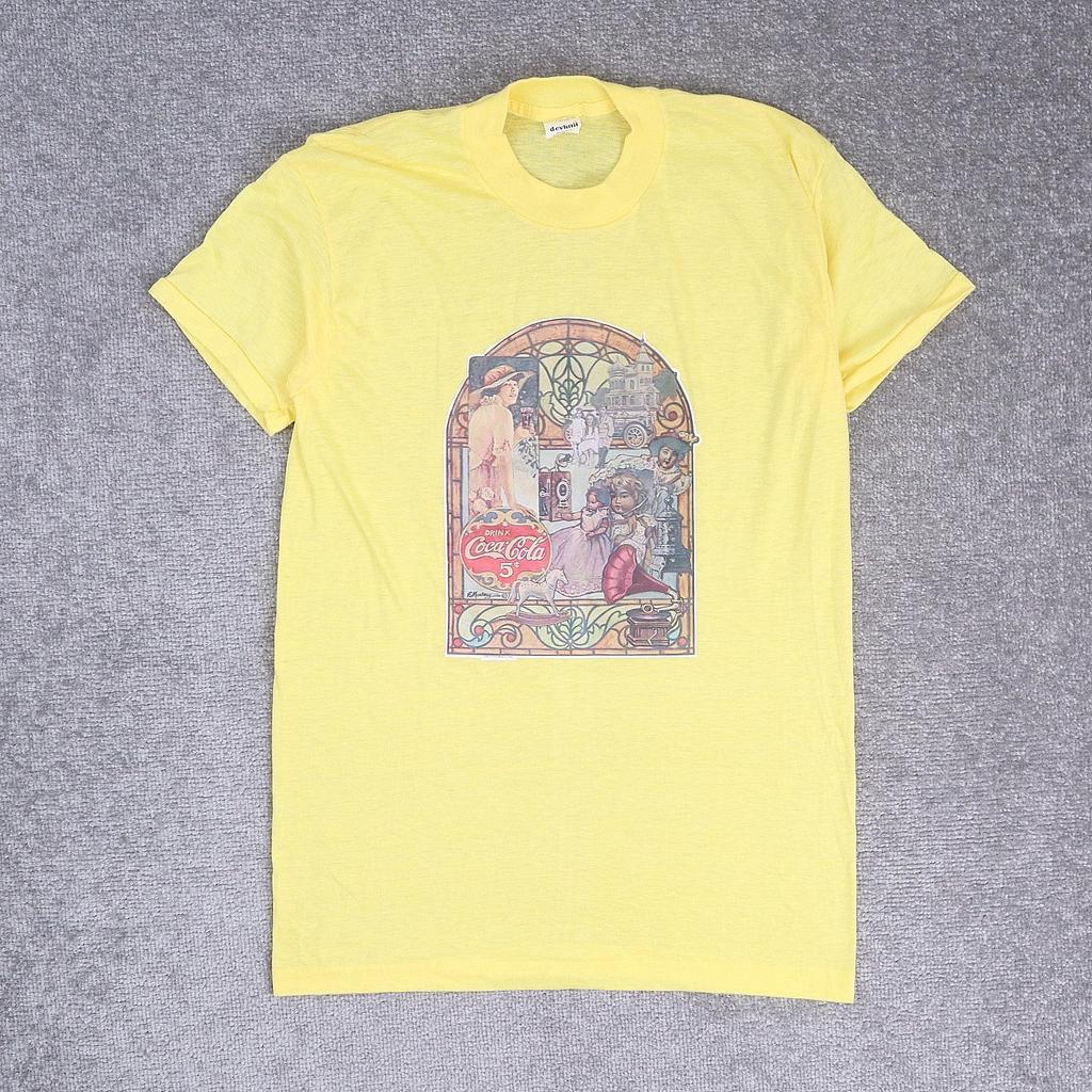 VTG Coca Cola Coke Soda Art Deco Sheer Large Yellow Short Sleeve T-Shirt