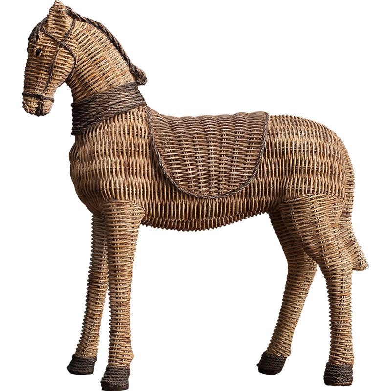 

Nordic Woven Rattan Pattern Horse Resin Statue for Living Room Study TV Cabinet Shoe Rack Home Soft Decor Ornament