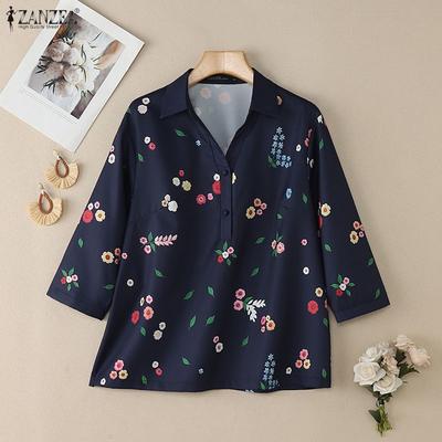 Women Turn Down Collar 3/4 Sleeve Loose Floral Blouse