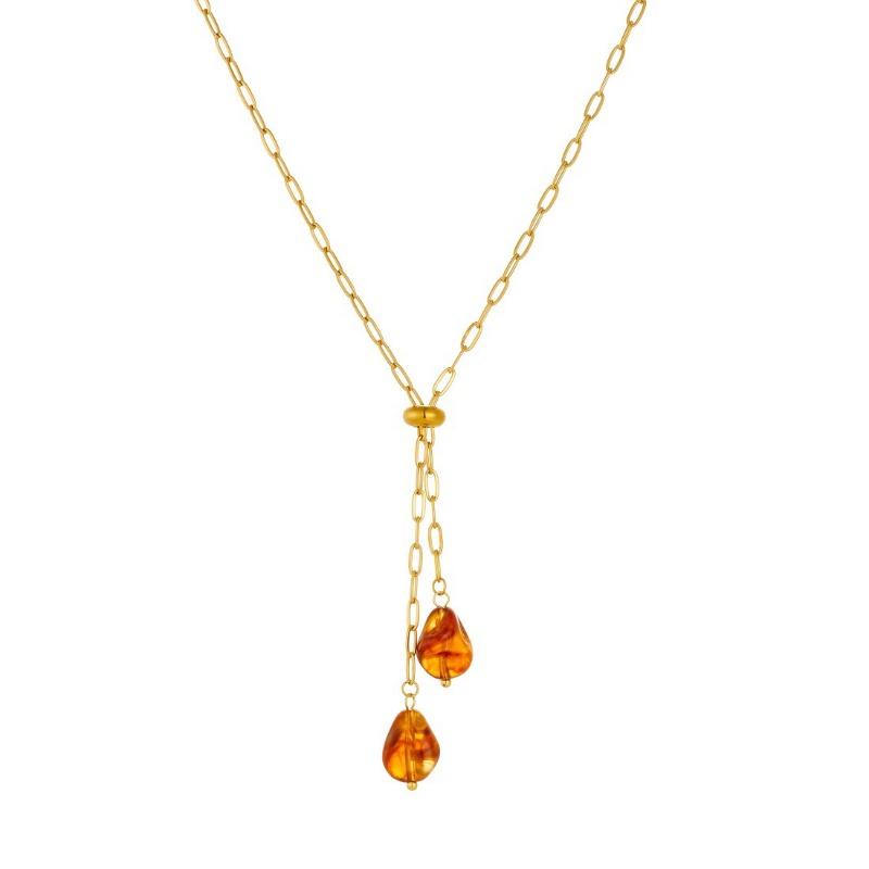 Gold Plated Stainless Steel Adjustable Lariat Necklace with Amber Drop Charms for Women