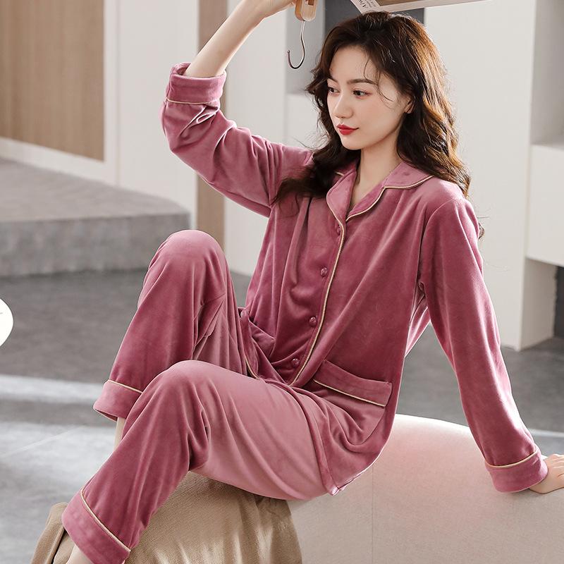 Coral Fleece Pajamas Women'S Autumn And Winter Thickened Fleece Warm Flannel Winter Loungewear Set